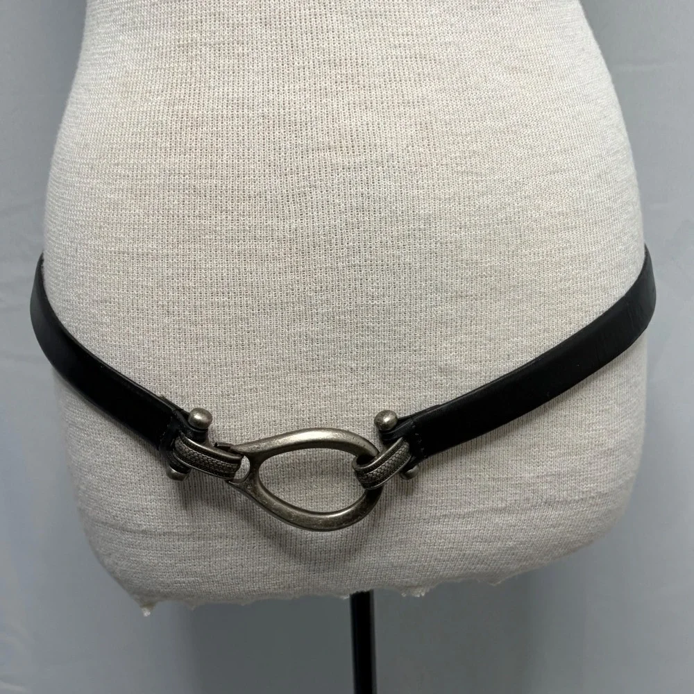 Coldwater Creek Black Leather Belt Teardrop Hook Buckle Adjustable Western